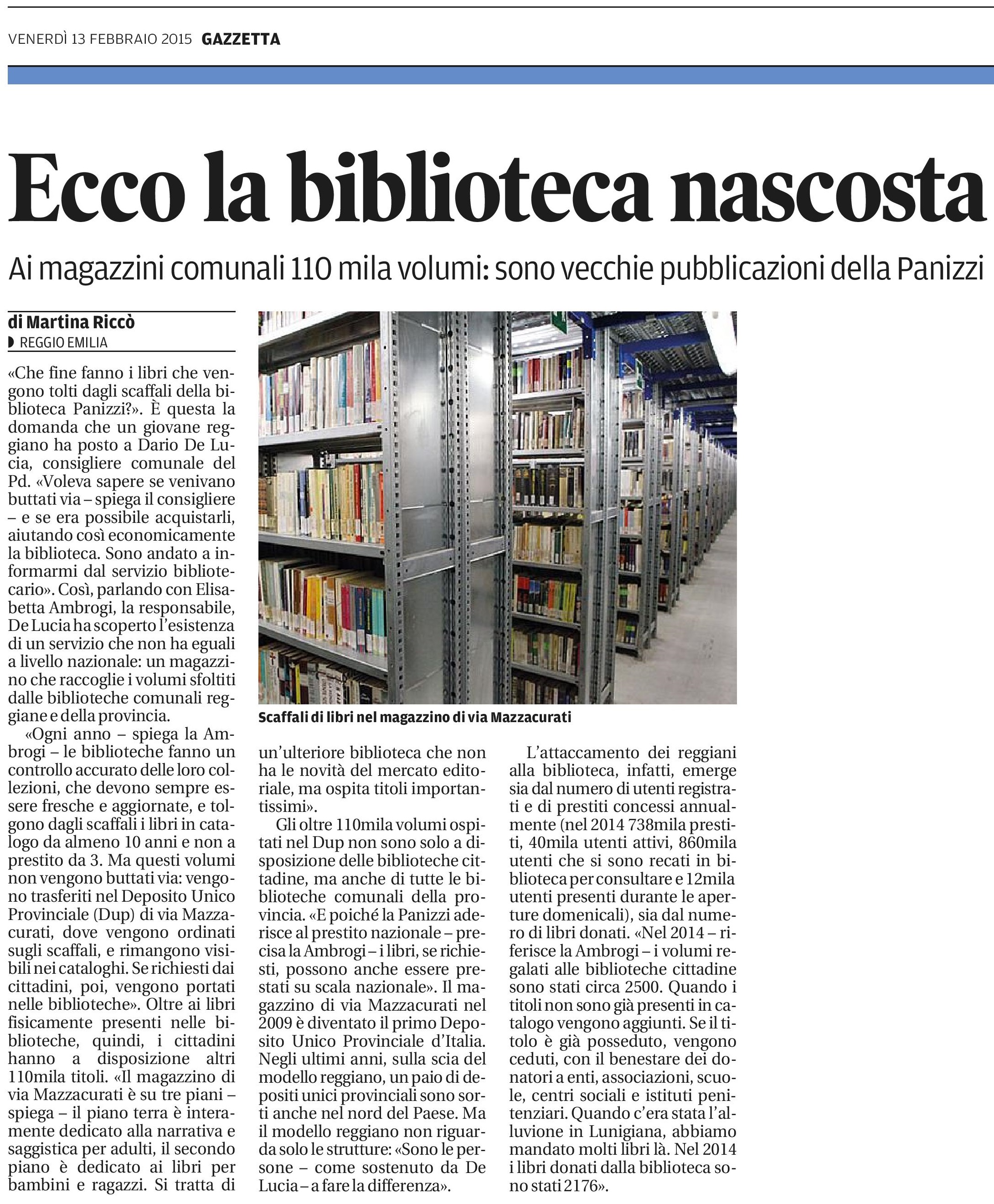 Gazzetta di Reggio 13 Febbraio 2015 - biblioteche
