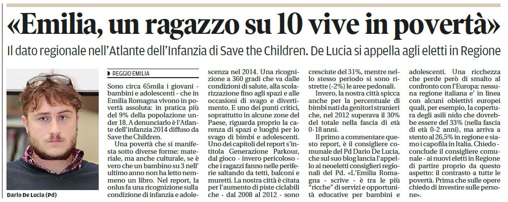 Gazzetta di Reggio, 5 Gennaio 2015 Povertà Save the Children